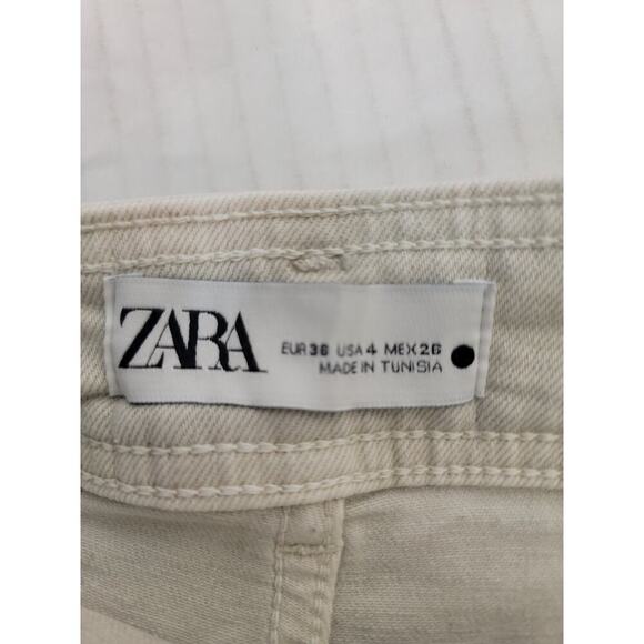 Zara Cargo Jeans Womens Sz 4 Straight Whide High Rise Rigid Utility Pockets Tan - Picture 6 of 8